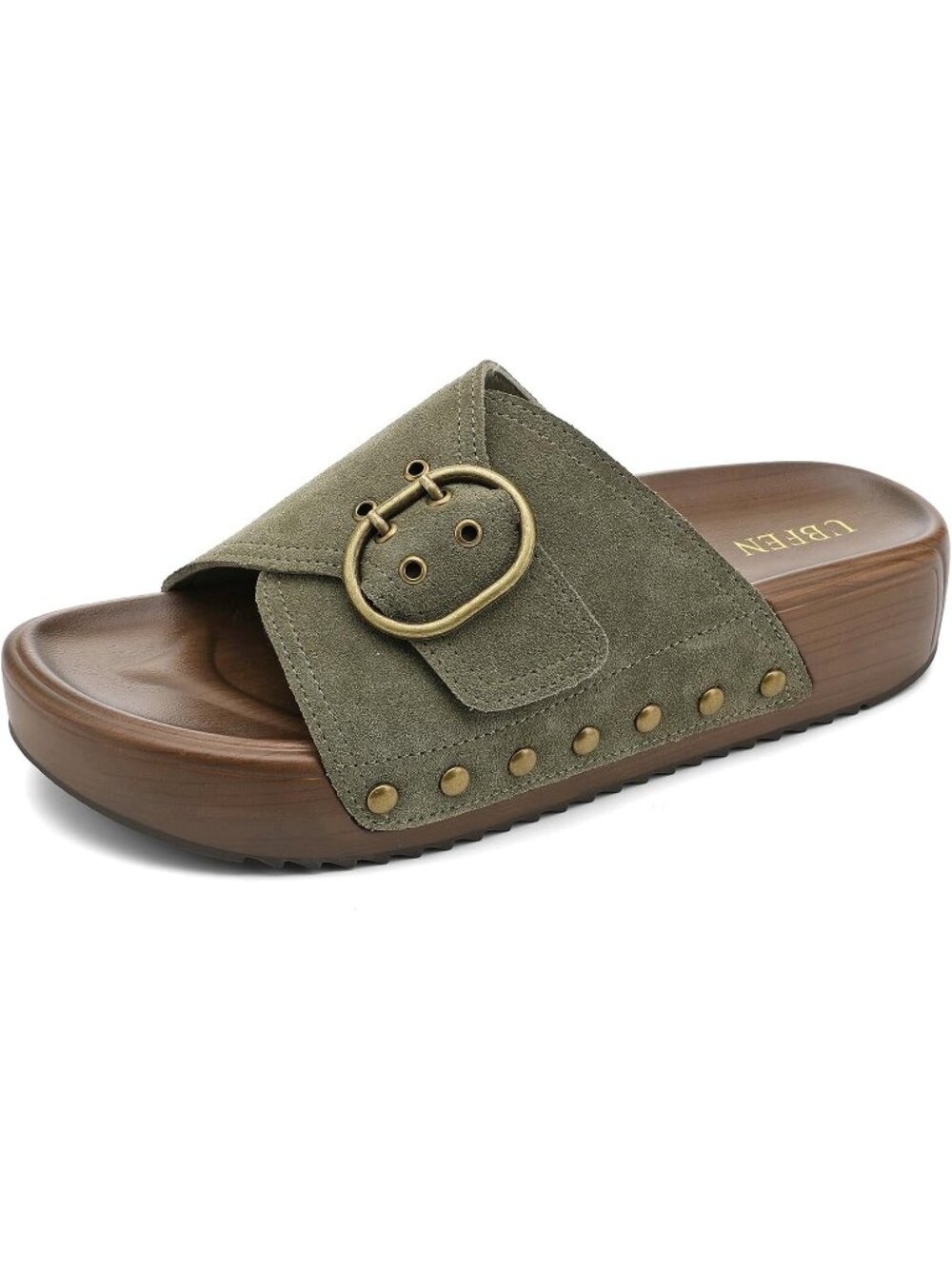 🆕 Women's Olive Suede Platform Slide Sandals Buckle Studded Summer Shoes
